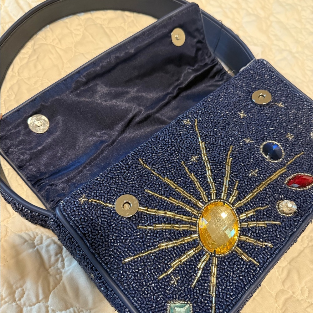 STAUD Navy Beaded Shoulder Bag with Multicolored Gem Embellishments - Picture 8 of 10